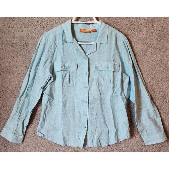 Reel Legends Women’s Long Sleeve Button Up Collared Shirt Linen Blend Blue Sz L - Picture 1 of 13